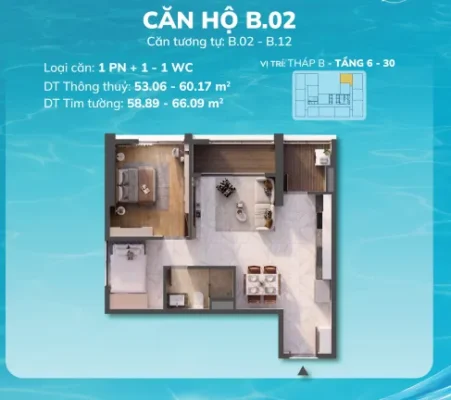Diện tích căn hộ Serena Riverside – layout căn hộ 1PN điển hình