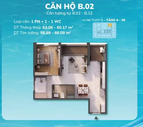 Serena Riverside: căn hộ 1PN hay 2PN, chọn sao cho đúng? 3 Căn hộ 1PN 2PN Serena Riverside – layout căn hộ 1PN điển hình