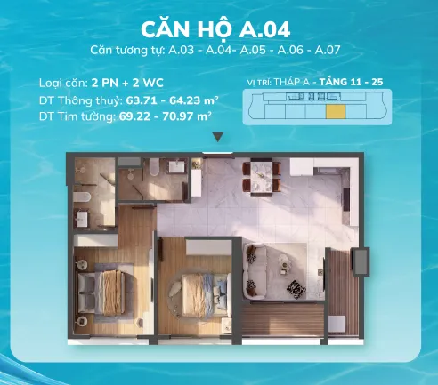 Serena Riverside: căn hộ 1PN hay 2PN, chọn sao cho đúng? 4 Căn hộ 1PN 2PN Serena Riverside – layout căn hộ 2PN điển hình